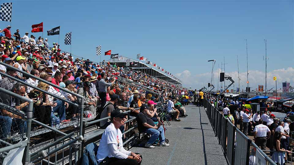 Full grandstands along the front stretch of the Firestone Grand Prix of St. Petersburg